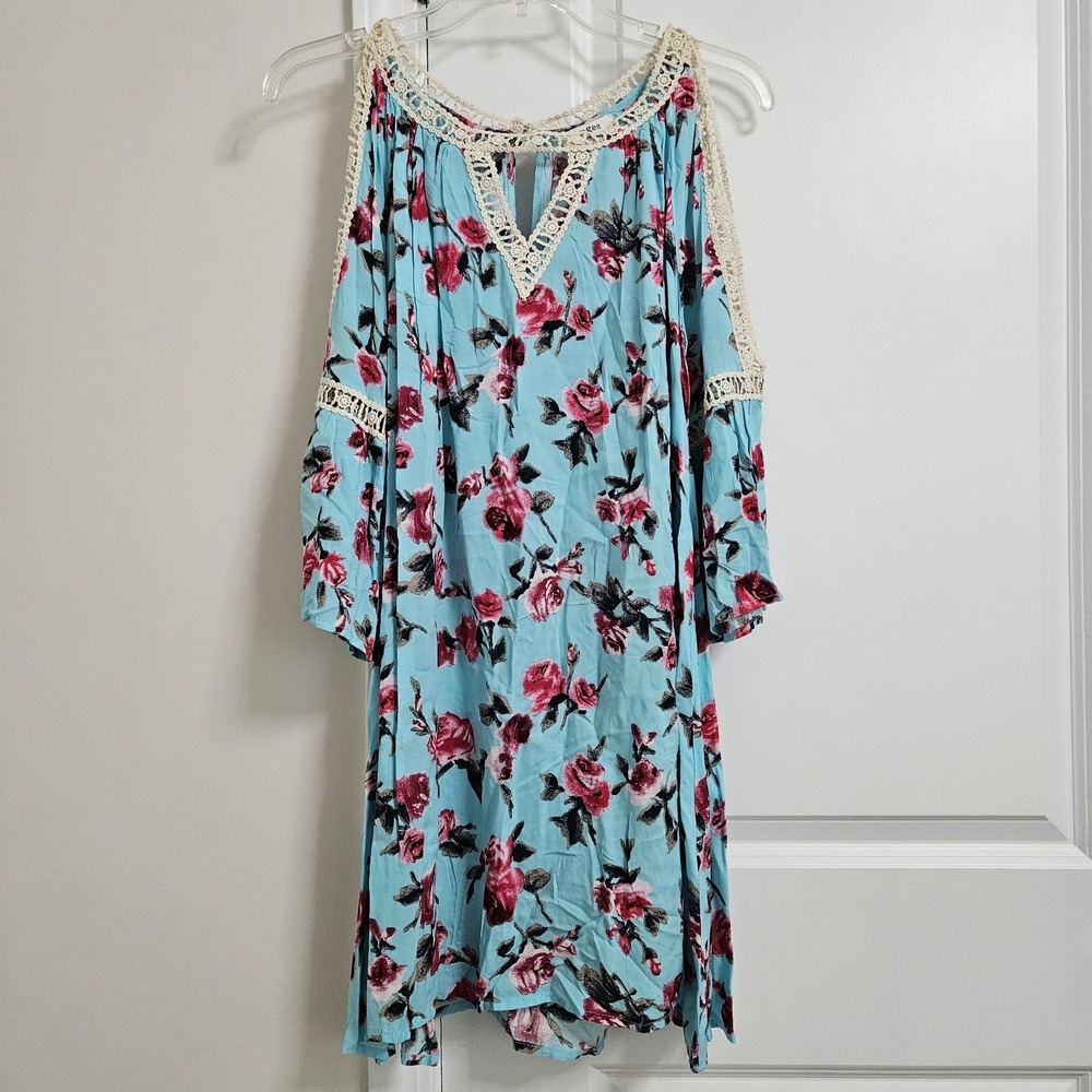 Umgee Boho Mini Dress Womens Medium Blue Floral Cold Shoulder Crochet Lace